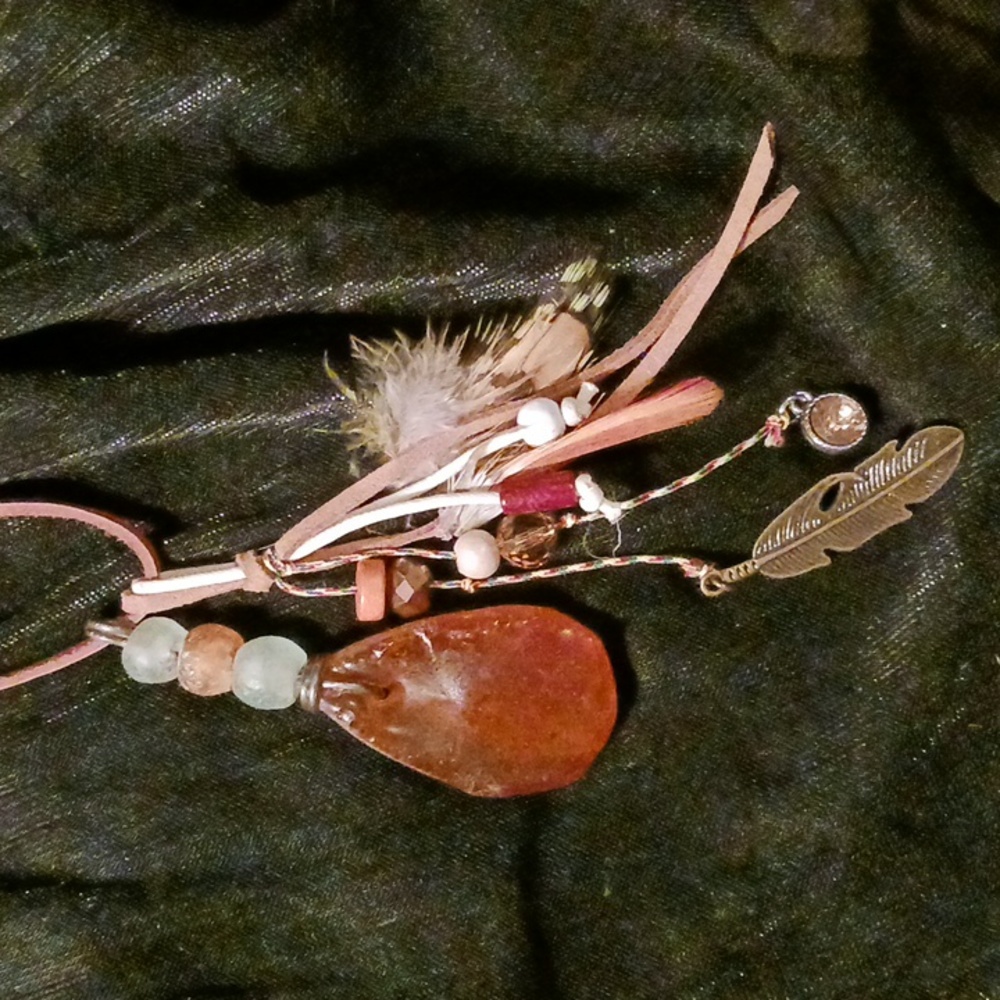 Leather and glass and feathers, handmade long necklace